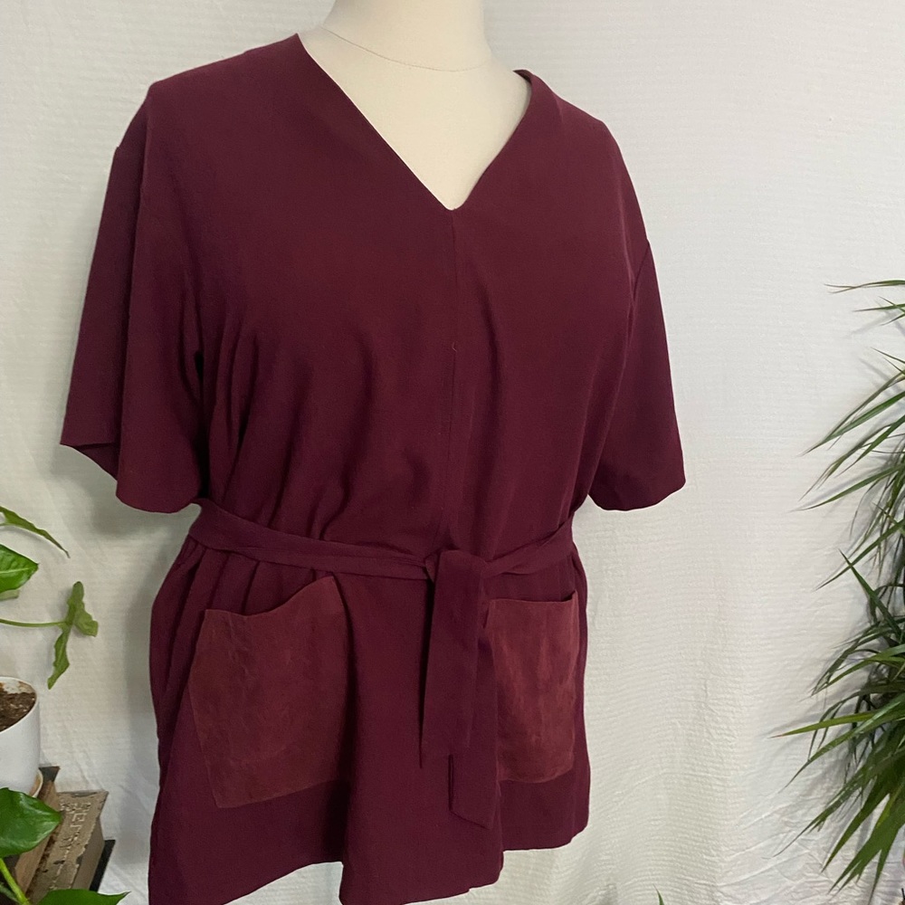 Burgundy Blouse W/Suede Pockets & Self Tie Belt